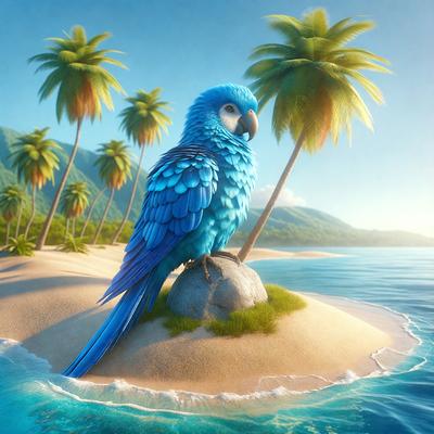 The primary subject of the image is a blue parrot perched on a rock in a tropical setting. The parrot is surrounded by a sandy beach and a body of water, creating a serene and natural atmosphere. The visual style of the image is a digital art or illustration, with the parrot being the main focus of the scene. The colors and mood of the image are vibrant and lively, with the blue parrot standing out against the sandy beach and tropical backdrop.